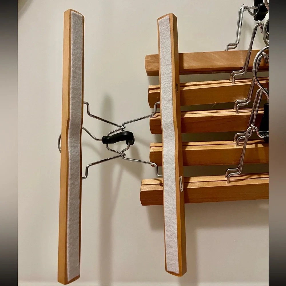 Container Store wooden skirt/slack hangers. Set of 6. New.